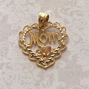 Filigree Heart “Mom” Charm in 14k Yellow Gold with Rose Gold Rose